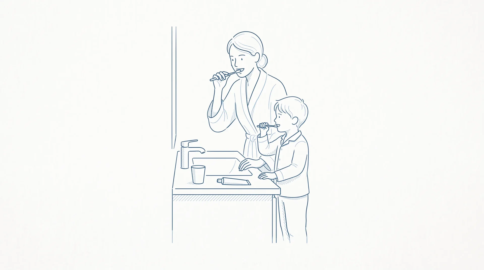 A parent and child brush their teeth together at a bathroom sink in a calm family routine.