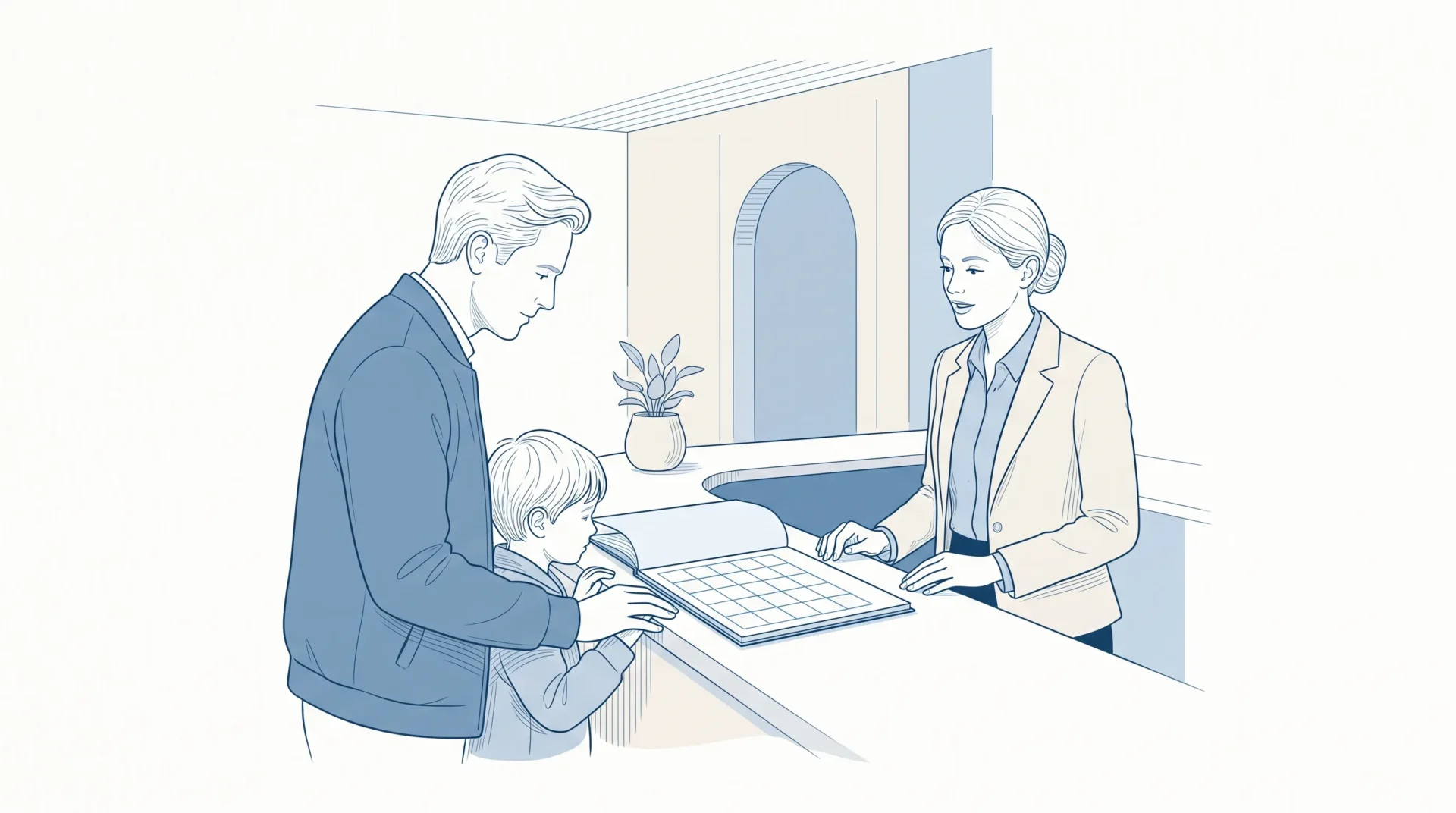 A parent and child review a blank family calendar with a dental receptionist at a clinic counter.