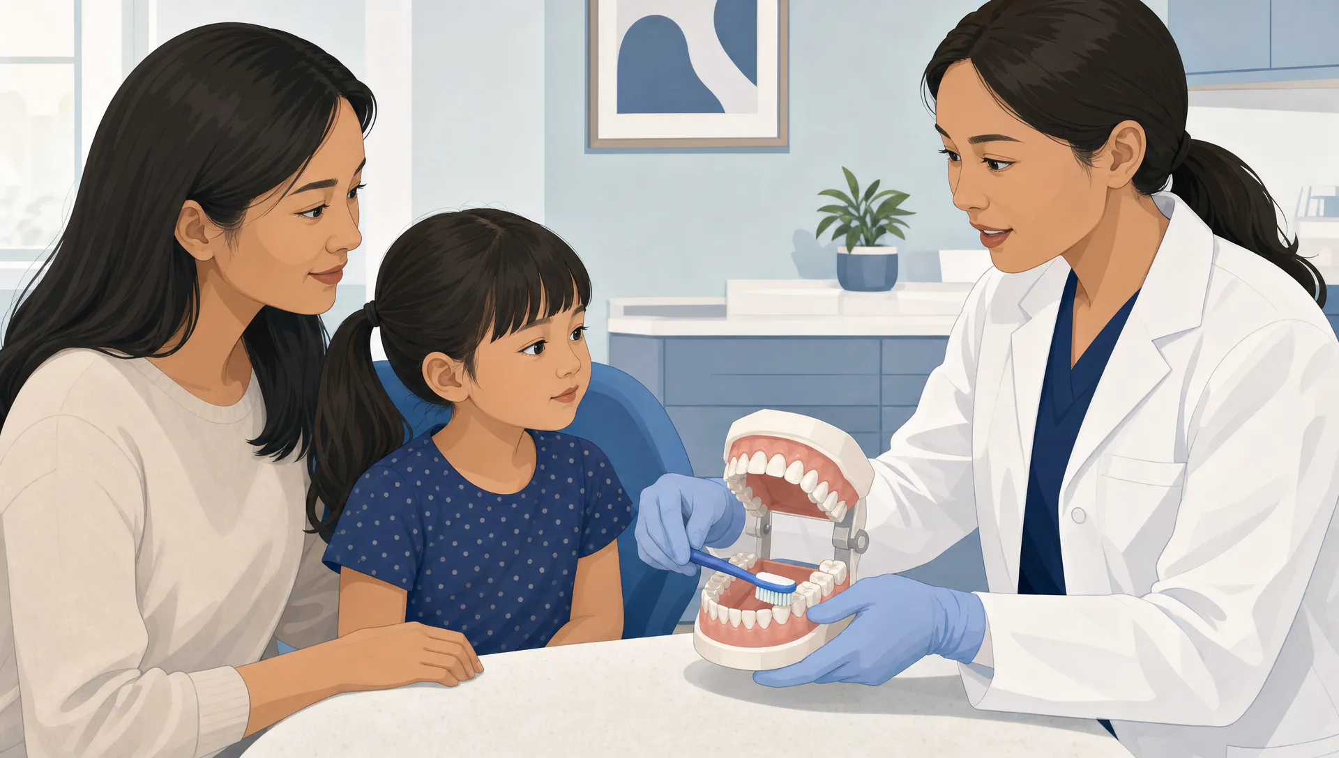 A parent and child sit with a dentist beside a dental arch and cleaning brush, showing a children’s dental clean in a calm consultation.