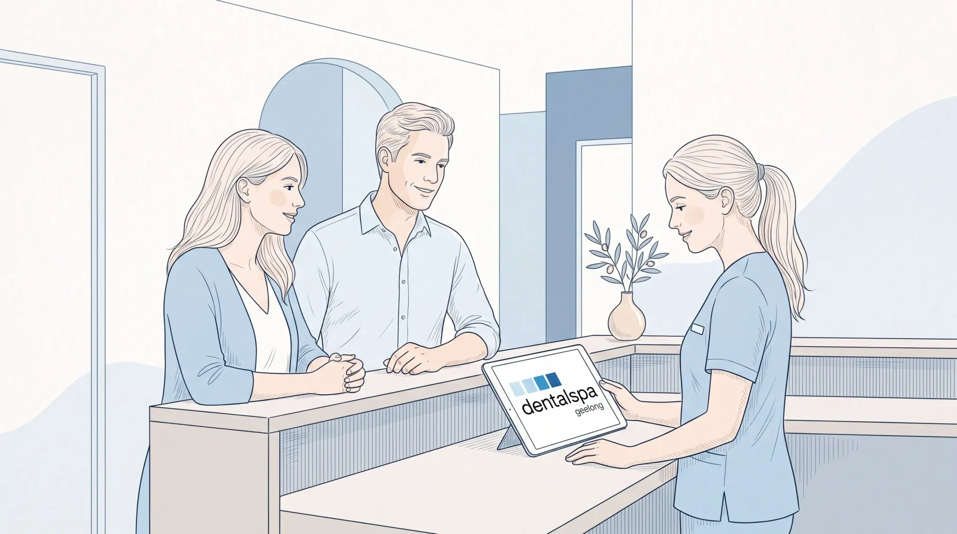 A parent and receptionist discuss family dental appointments at a Geelong clinic counter.