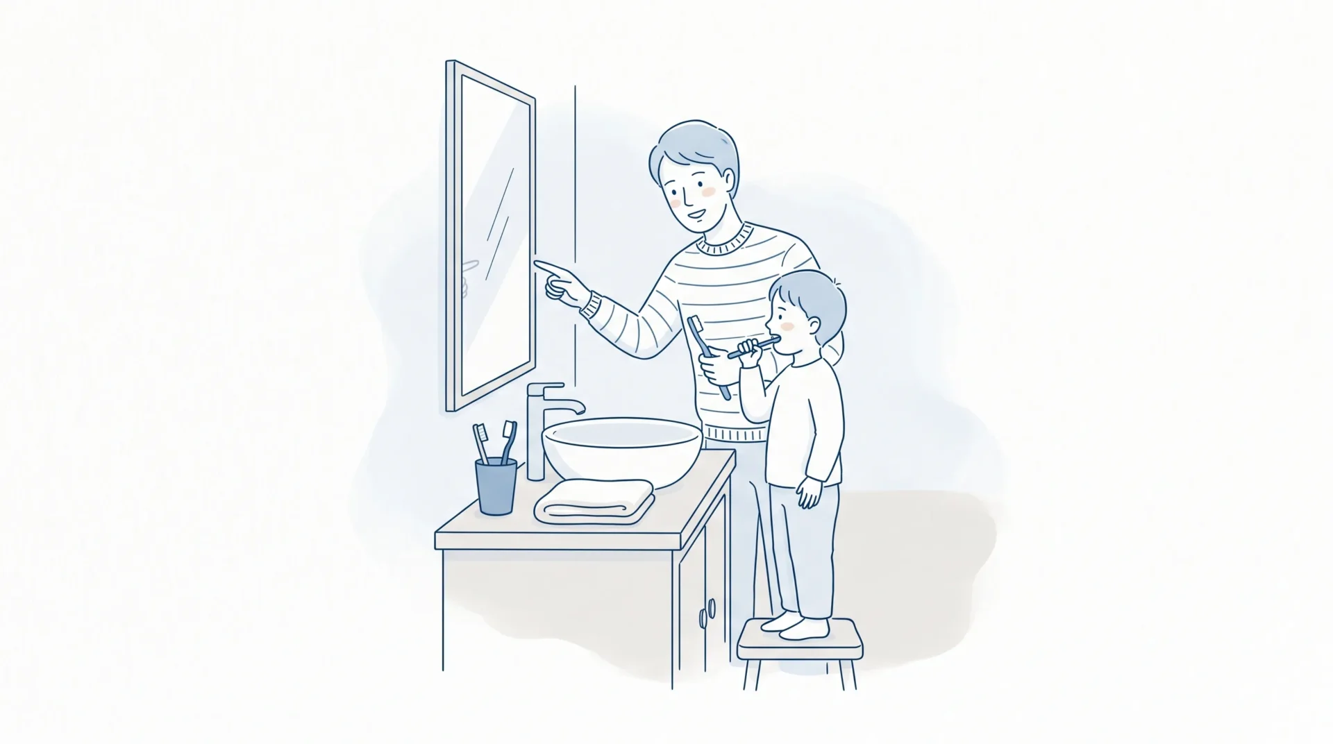 A parent helps a child practise brushing at the bathroom sink before a first dental visit.