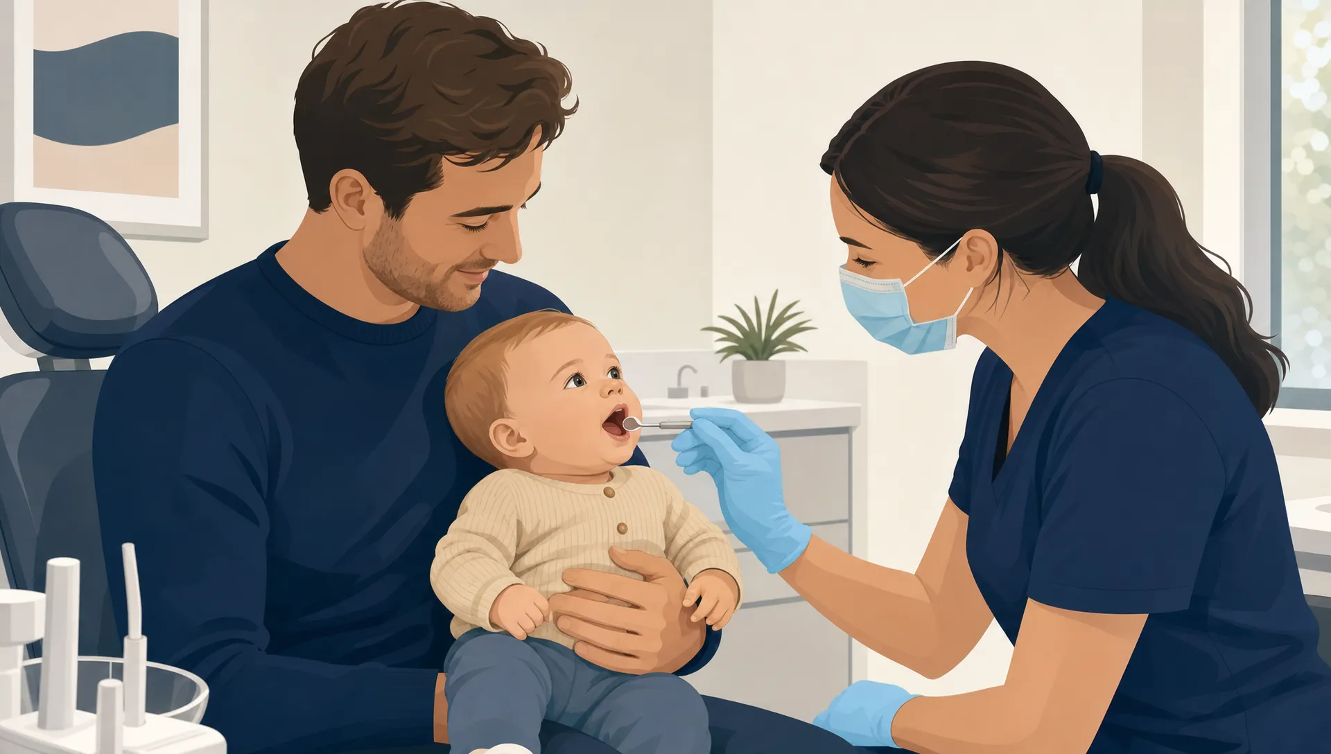 A parent holds a baby while a dentist gently checks the baby's mouth during an early dental visit in Geelong.
