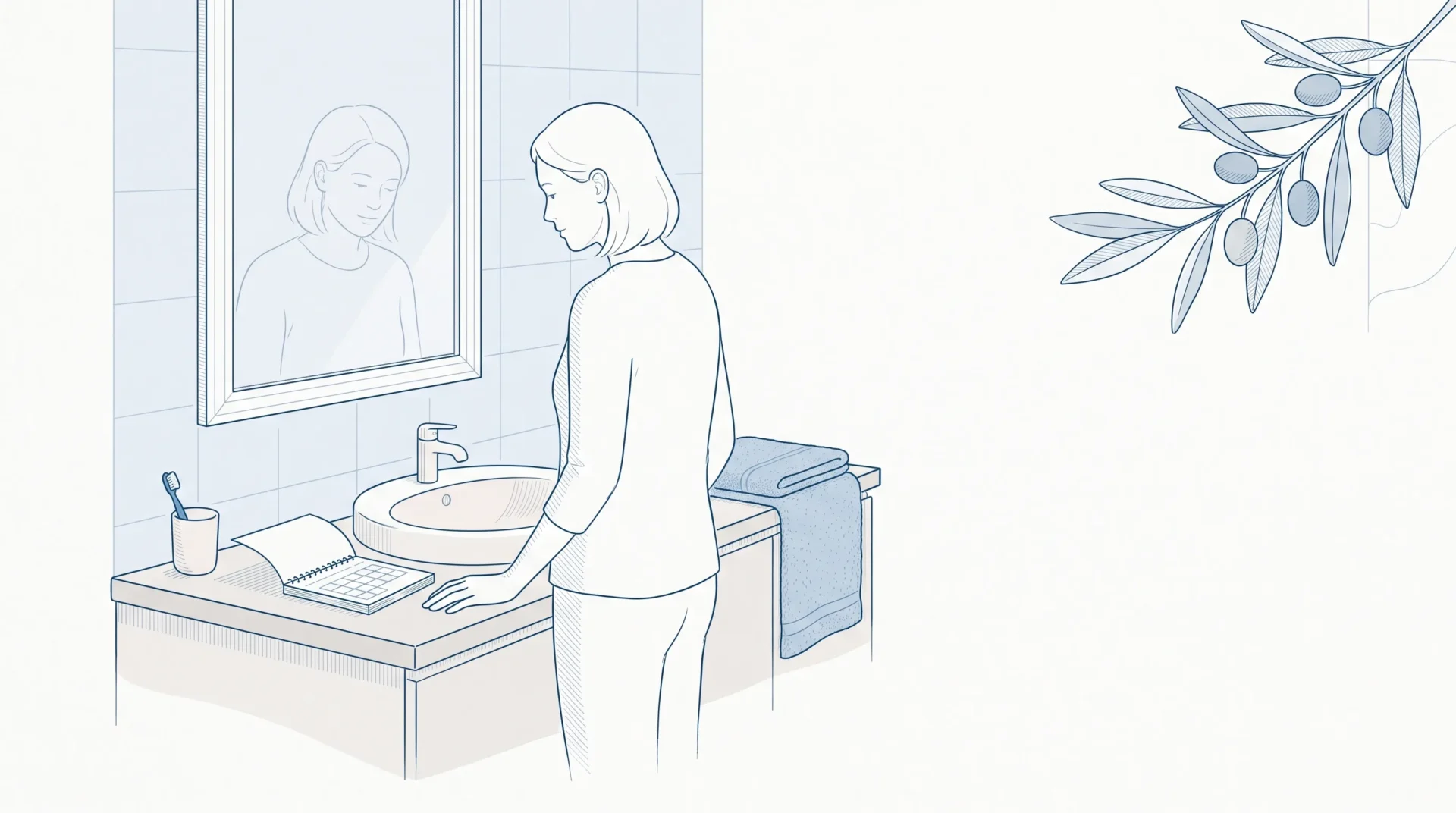 A parent stands at a bathroom sink beside a toothbrush cup and calendar while planning a child’s dental visit.