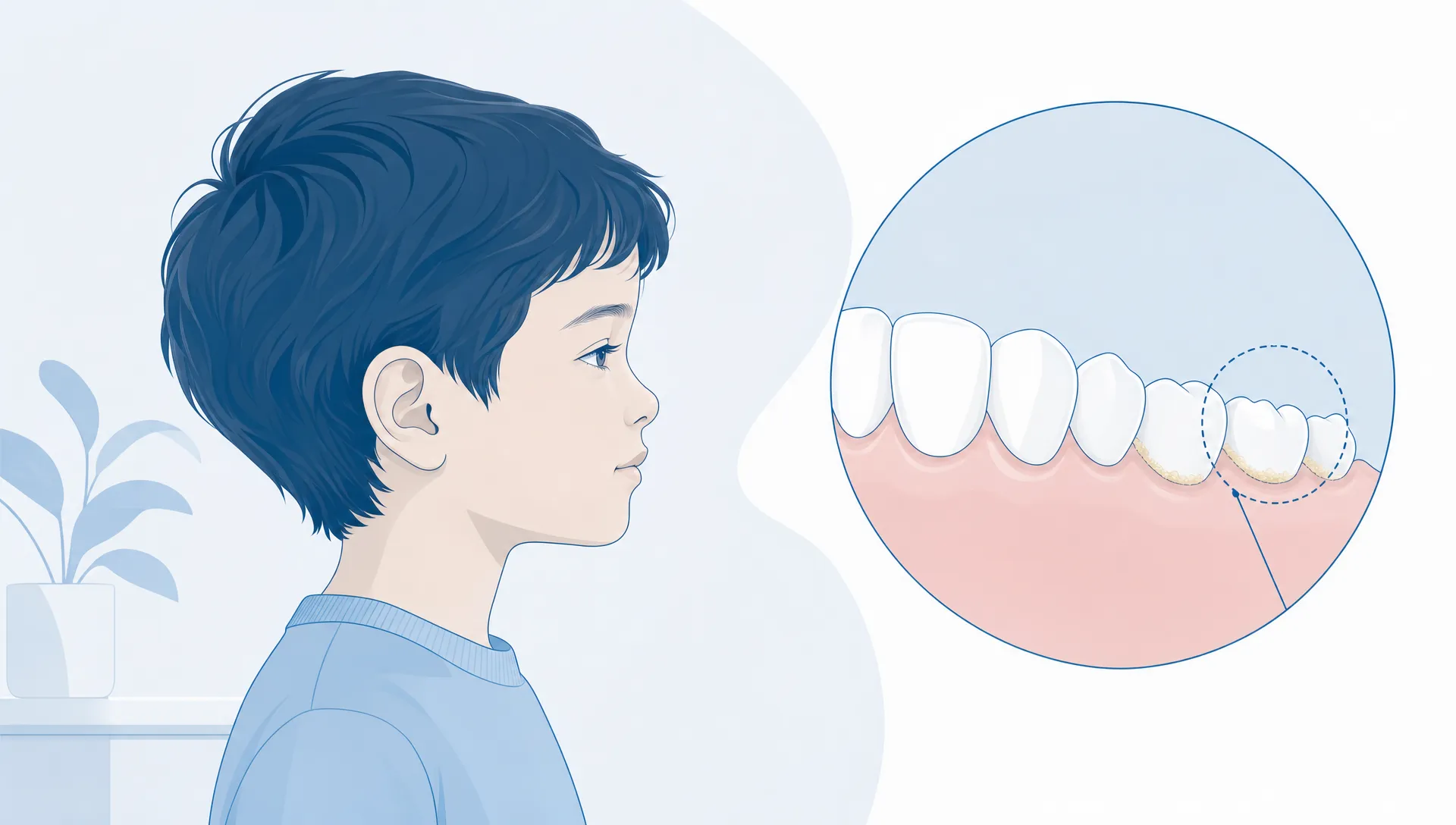 A side-view dental arch highlights plaque build-up and cleaning focus in a children’s dental clean.