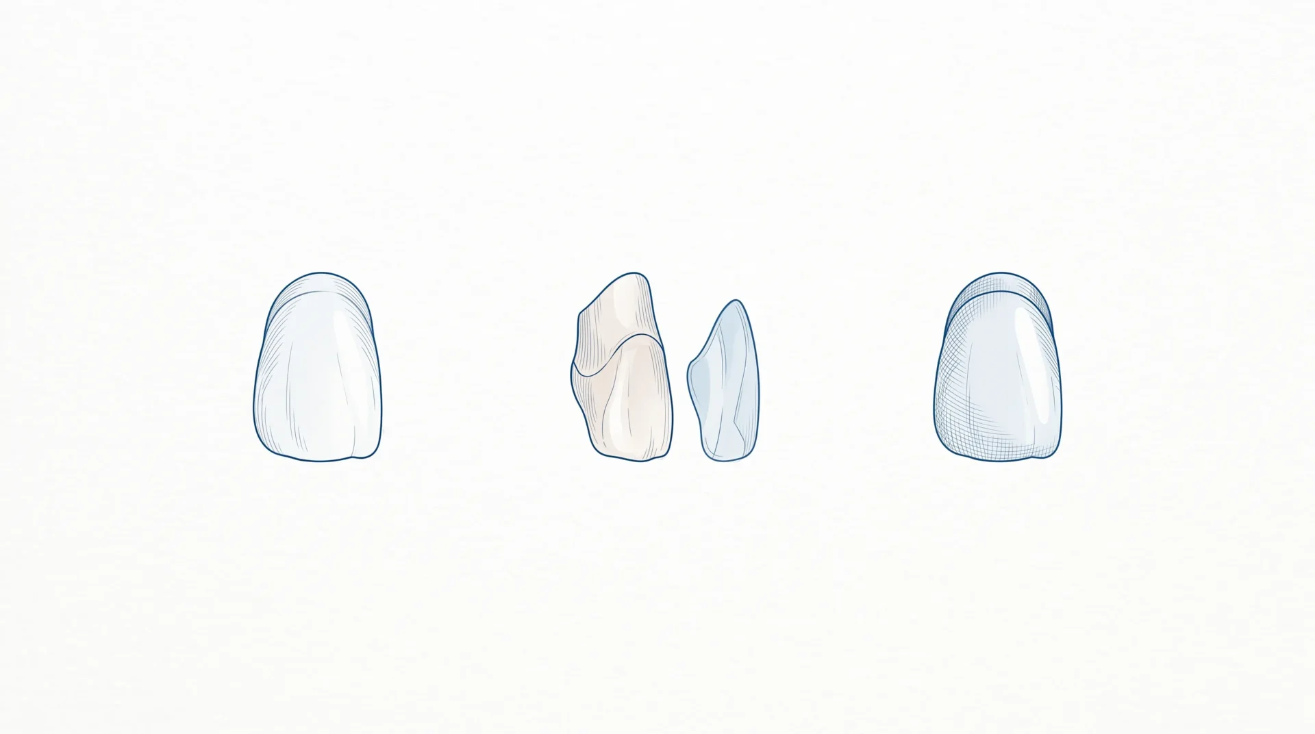 A simple veneer sequence shows a tooth, a prepared tooth and a bonded veneer on a white field.