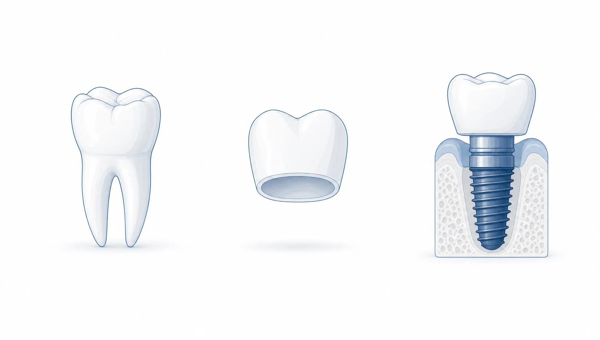 A tooth model, crown shell and implant section suggest staged dental care.