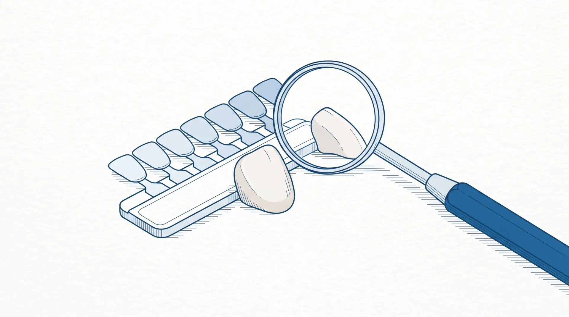 A veneer shell beside a shade guide and dental mirror shows how colour and tooth shape are planned before treatment.
