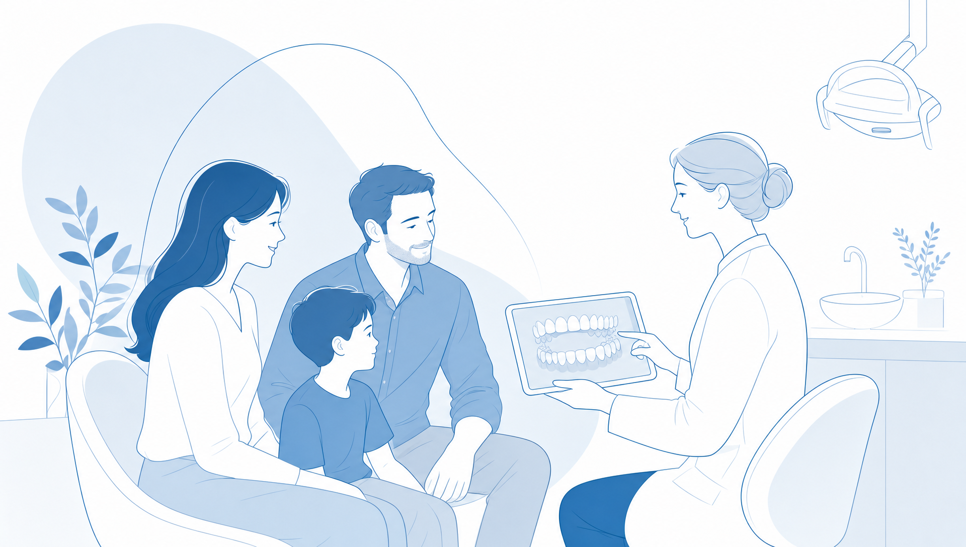 A welcoming dental clinic reception area with a parent speaking calmly with a dental team member, showing a comfortable family-focused environment.