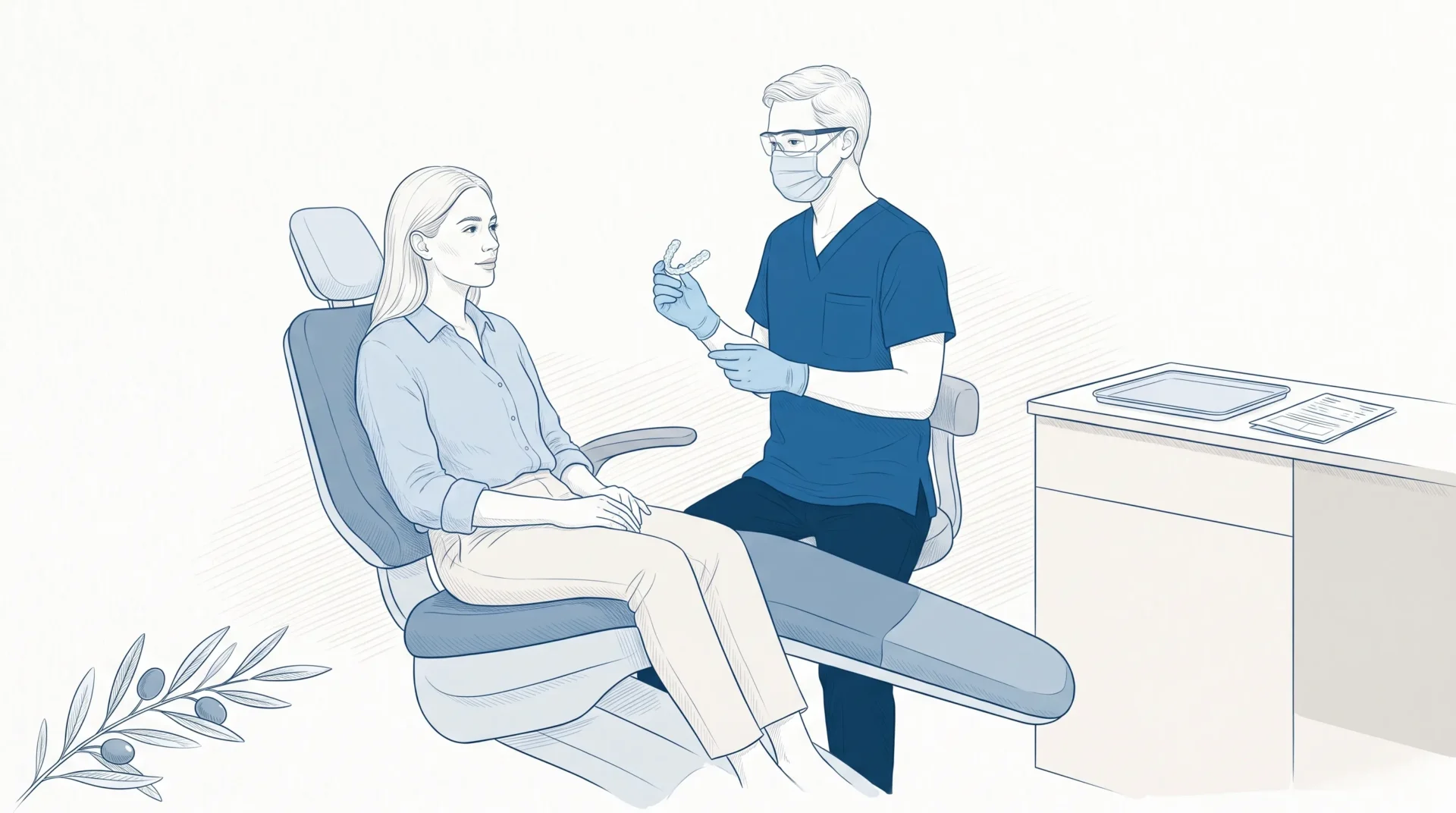 An adult patient and dentist discuss clear aligners beside a dental chair in a Geelong consultation.