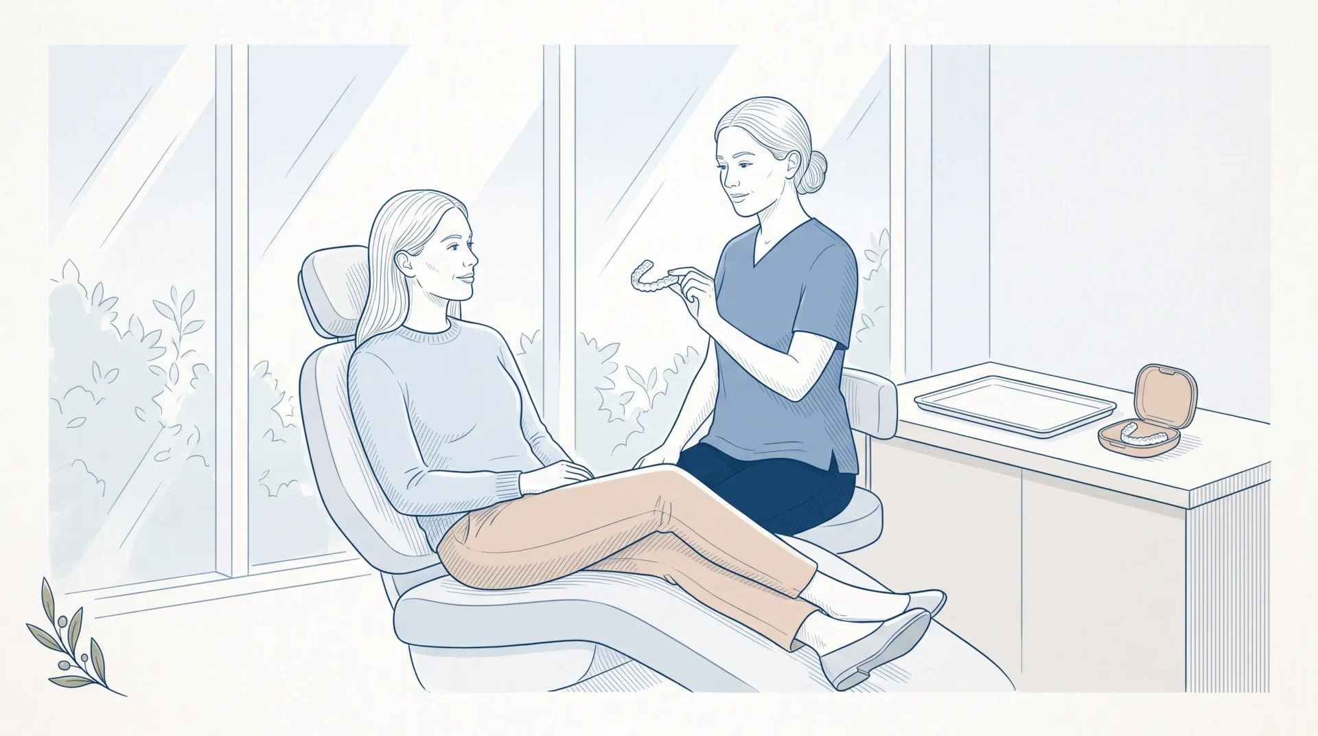An adult patient and dentist discuss clear aligners beside a chair during an Invisalign consultation.