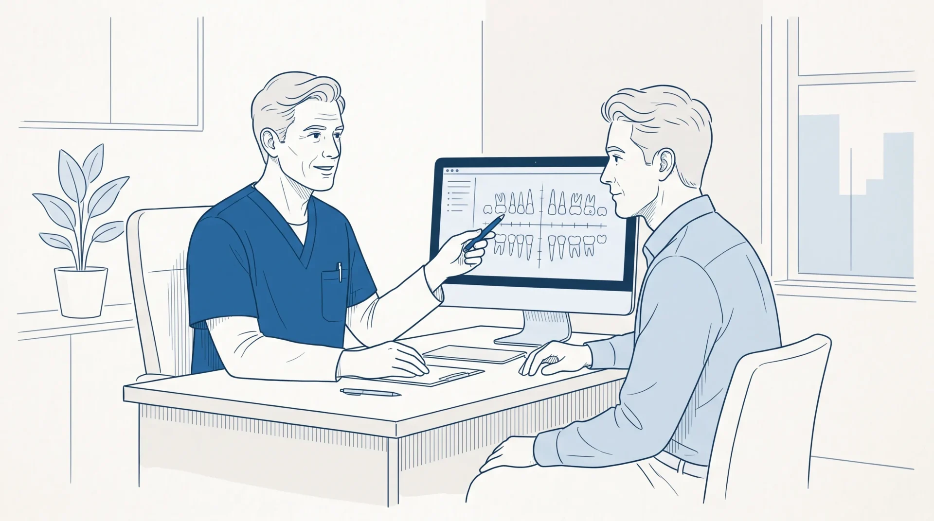 An adult patient and dentist discuss treatment questions in a calm clinic consultation, with both shown in relaxed three-quarter view.