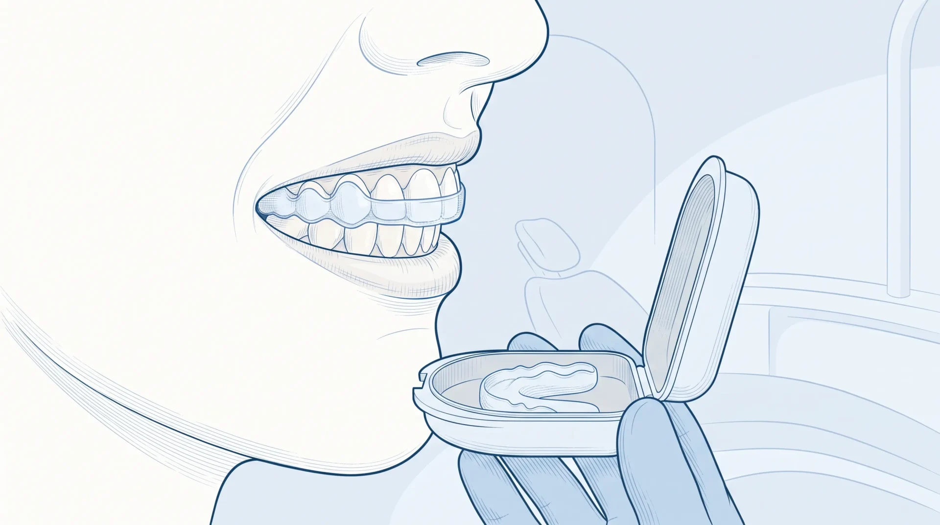 An aligned smile with a retainer case highlights keeping gaps closed after Invisalign.