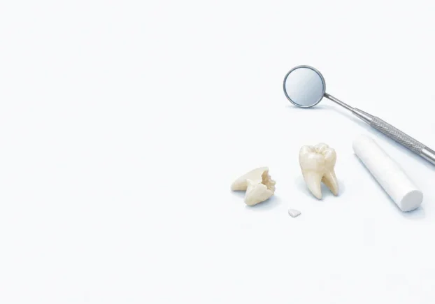 A broken tooth fragment sits beside a mirror on a clean dental surface.
