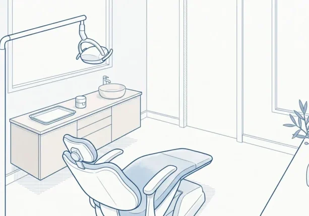 A calm dental treatment room with a chair, cabinet and crown case suggests where crown or implant care is planned.