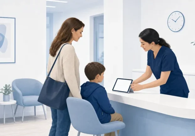 A caregiver and dentist discuss child dental benefits at a clinic counter.