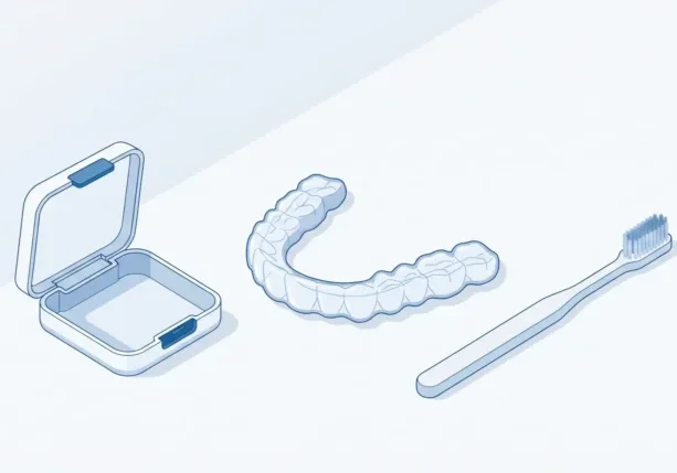 A clear aligner, case and toothbrush are arranged to suggest a daily Invisalign routine.