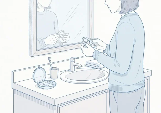 A clear aligner case, toothbrush and adult at the bathroom sink show the daily Invisalign routine.