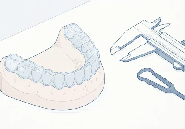 A clear aligner sits over an adult tooth arch beside planning tools, showing how Invisalign is customised.