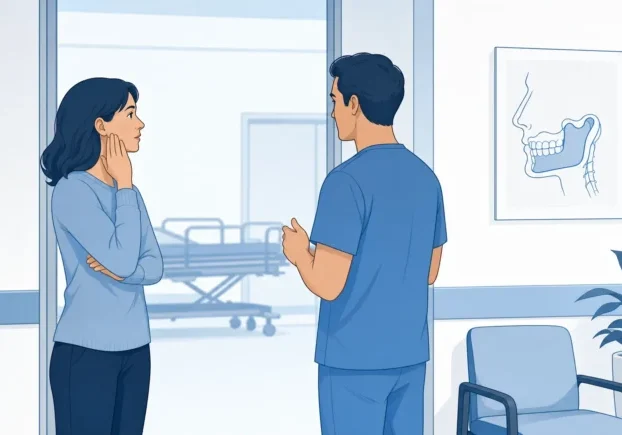 A clinician and patient stand near a hospital doorway, suggesting a dental problem that needs urgent medical care.