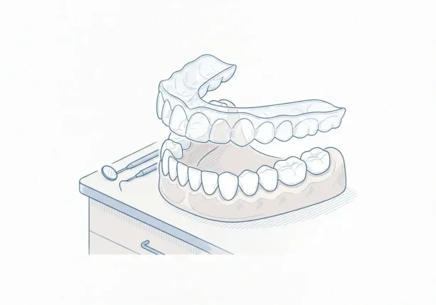 A close dental detail shows an aligner being checked against upper and lower teeth.