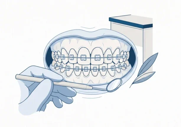A close view of ceramic brackets and wire fitted to a teenager’s teeth during orthodontic treatment.