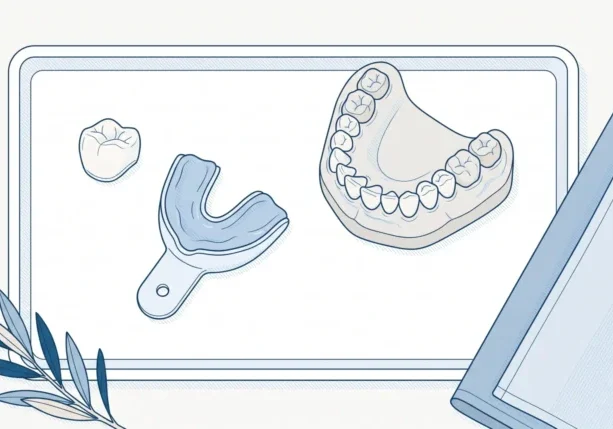 A dental crown, impression tray and tooth model arranged for possible crown replacement after whitening.