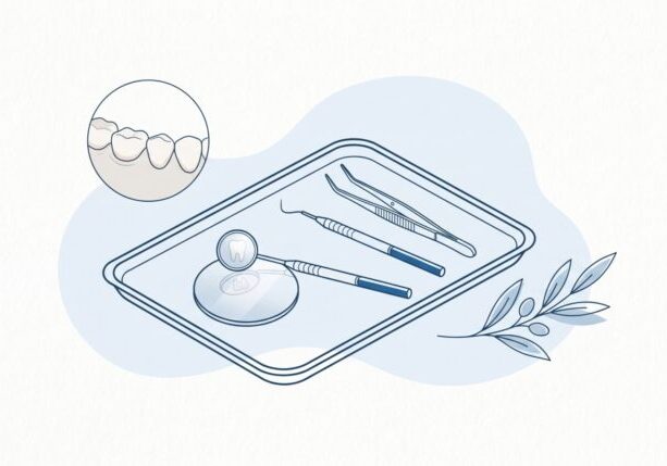 A dental examination kit with mirror, probe and tweezers sits beside a small inset of ageing teeth and gums, with a delicate olive branch accent.