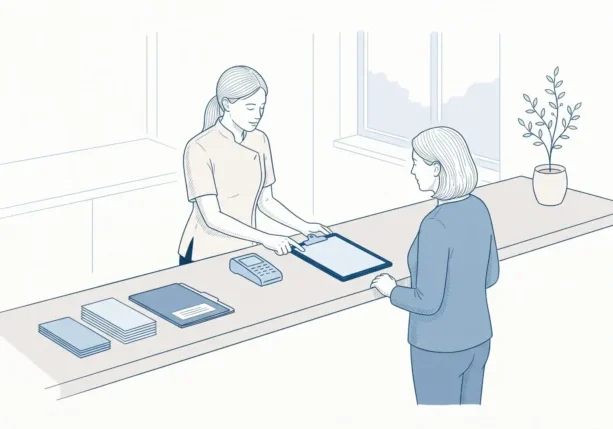 A dental professional explains implant costs at a reception counter beside a patient and payment terminal.