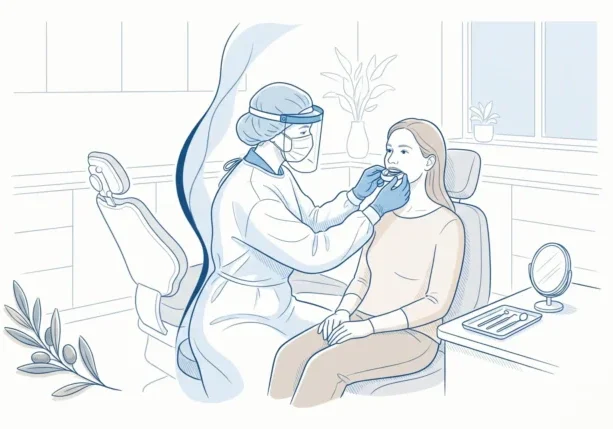 A dentist checks the fit of a custom sports mouthguard for an adult patient in a Geelong clinic.