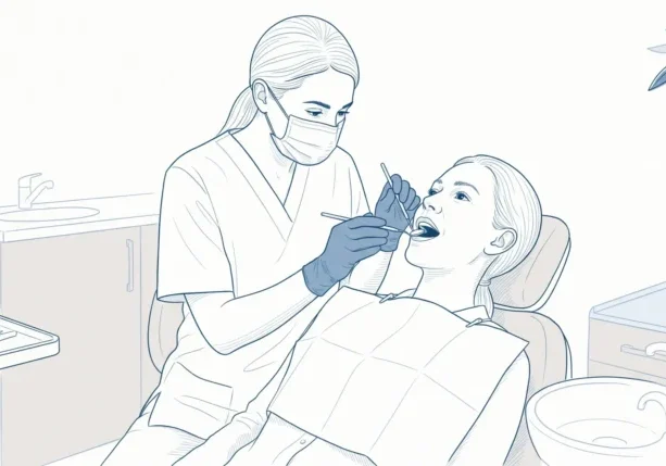 A dentist gently checks an adult patient’s teeth during a general dental examination in a calm Geelong clinic.