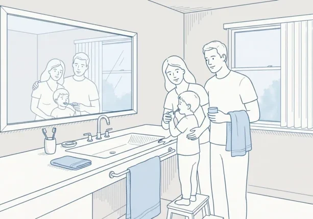 A family helps a child brush teeth at a bathroom sink in a simple home morning routine.