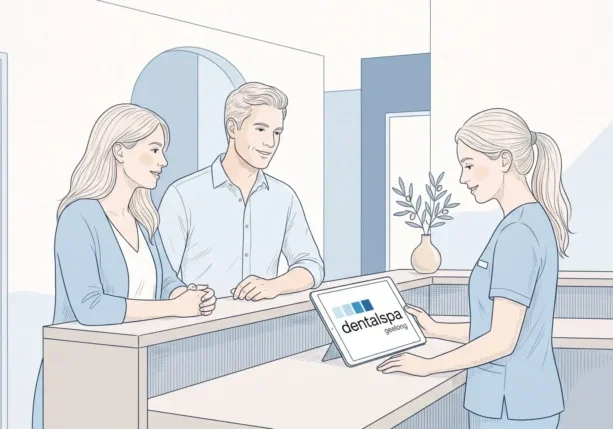 A parent and receptionist discuss family dental appointments at a Geelong clinic counter.
