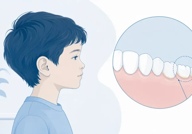 A side-view dental arch highlights plaque build-up and cleaning focus in a children’s dental clean.