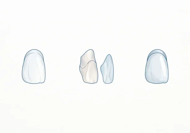 A simple veneer sequence shows a tooth, a prepared tooth and a bonded veneer on a white field.
