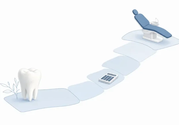 A tooth, calculator and clinic chair are linked by simple shapes to suggest a payment plan pathway.