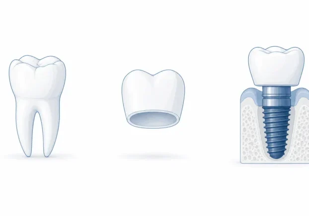 A tooth model, crown shell and implant section suggest staged dental care.