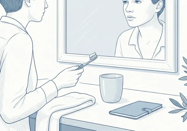 An adult at a bathroom sink after a dental check-up, holding a toothbrush beside a cup and towel.