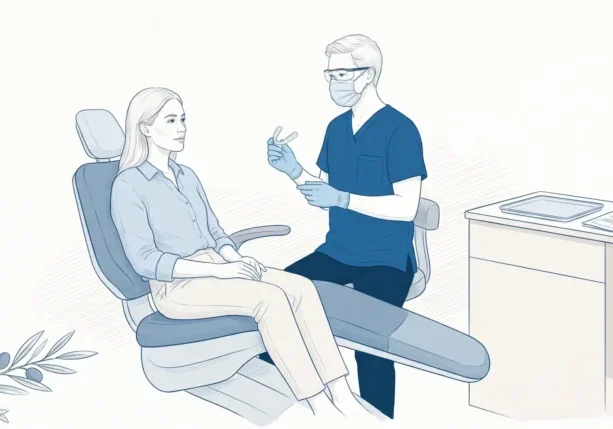 An adult patient and dentist discuss clear aligners beside a dental chair in a Geelong consultation.