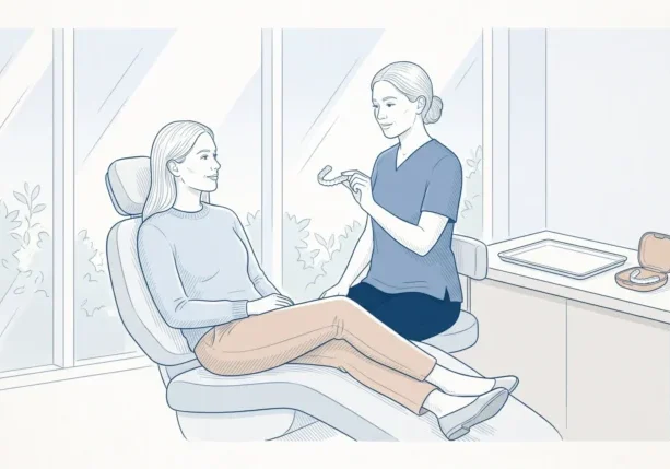 An adult patient and dentist discuss clear aligners beside a chair during an Invisalign consultation.