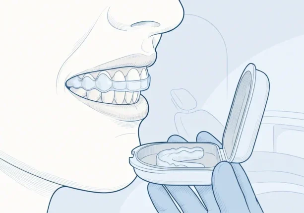 An aligned smile with a retainer case highlights keeping gaps closed after Invisalign.