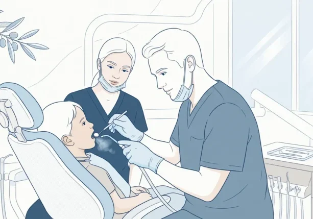 Gloved dental hands work carefully during a child’s check-up in a clinic chair.