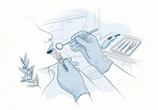 Gloved hands check a tooth with a mirror and shade guide during a dental appointment.