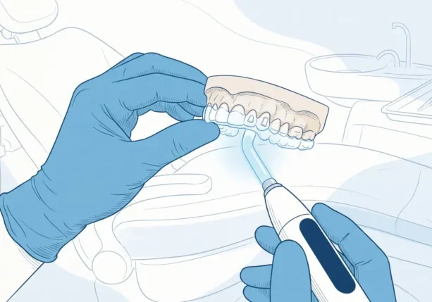 Gloved hands hold a clear aligner template and curing light during Invisalign bonding.