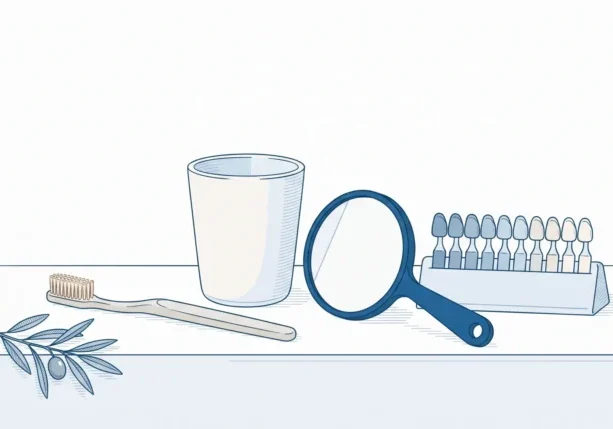 Tooth shade tabs, a mirror and a toothbrush arranged for whitening planning.