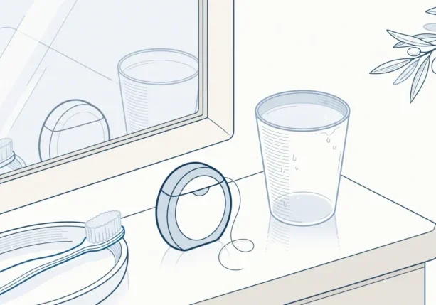 Toothbrush, floss and a cup sit neatly on a bathroom vanity for a family dental care routine.