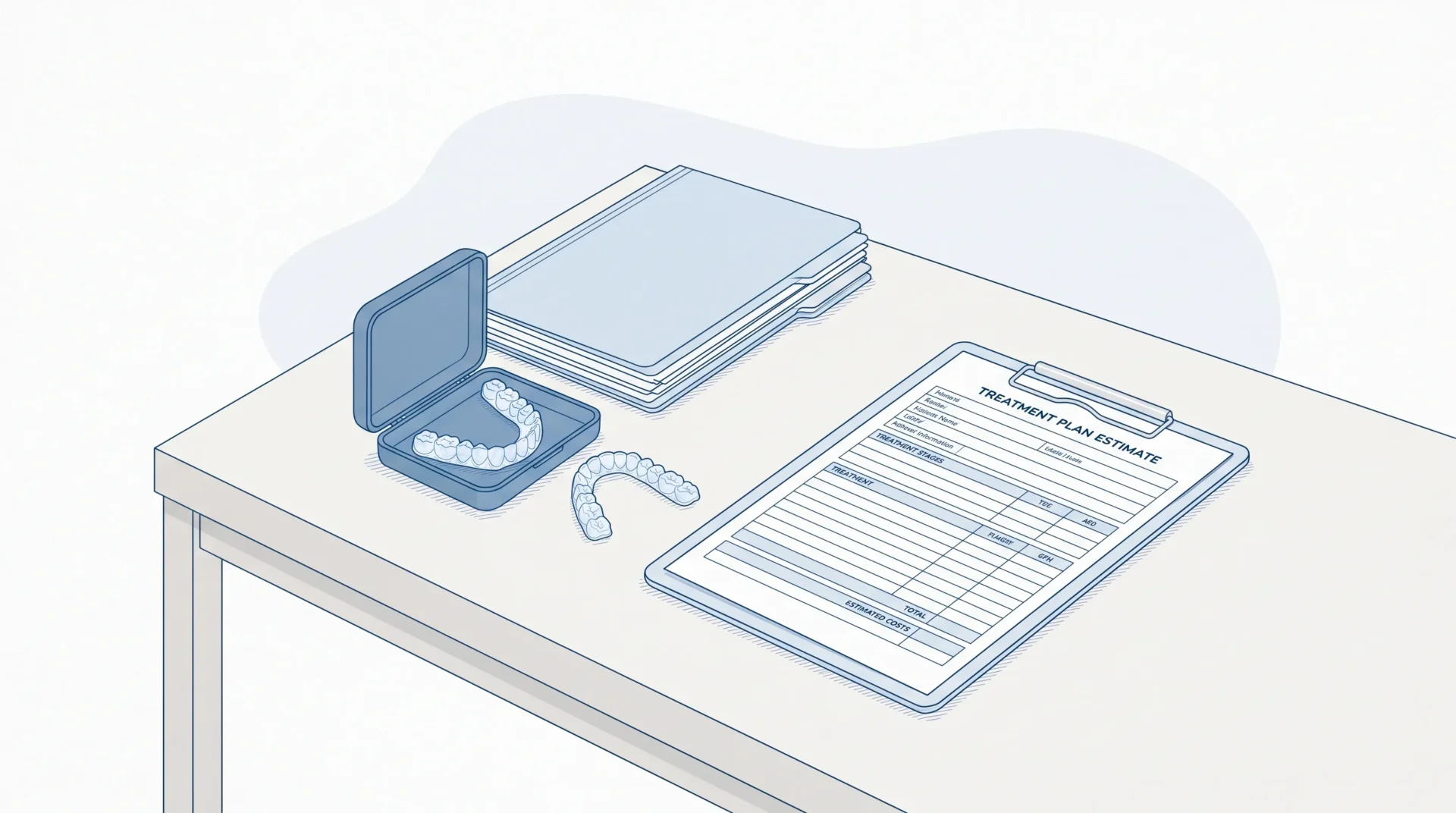 Clear aligner trays, dental records and a blank treatment estimate sit on a clinic desk, suggesting Invisalign cost factors.