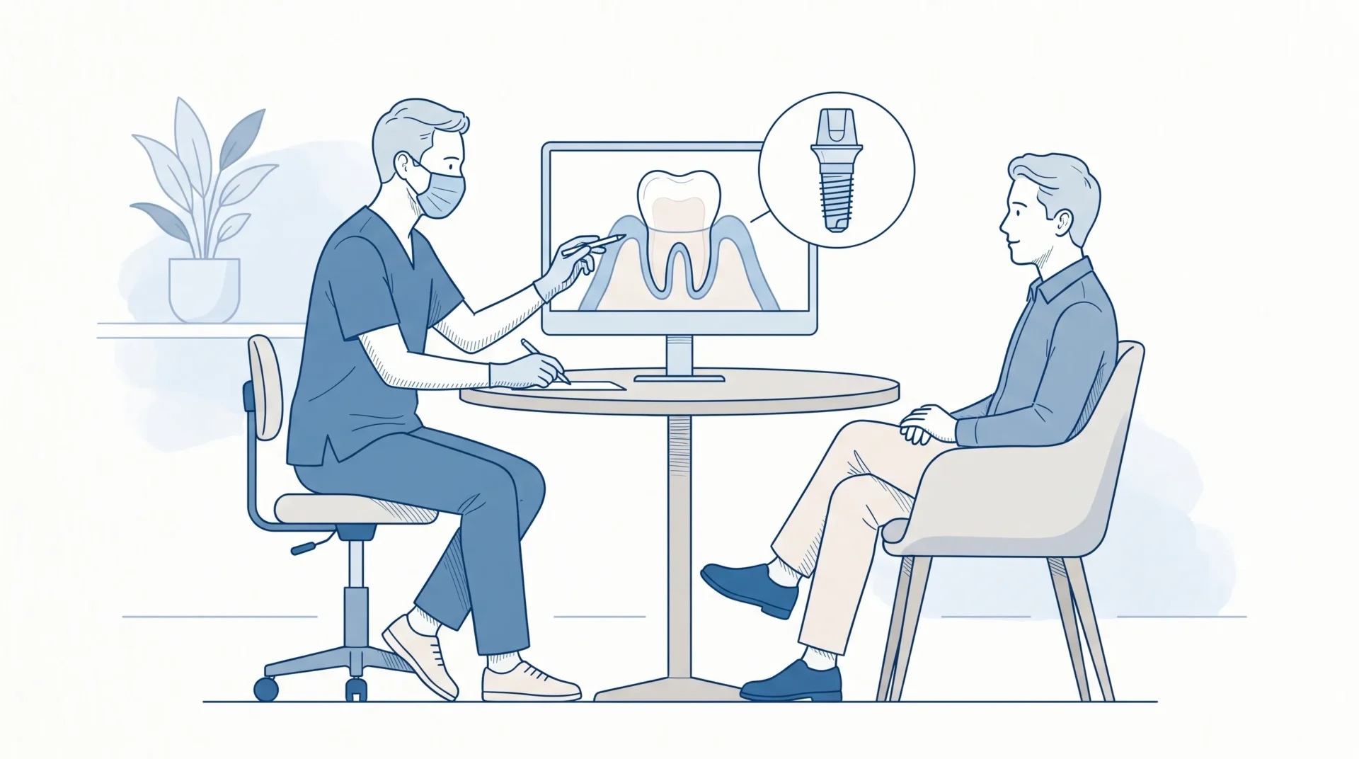 Dental professional explaining implants to a seated patient, with an implant-supported crown shown in gum tissue and a small inset of the fixture and abutment.