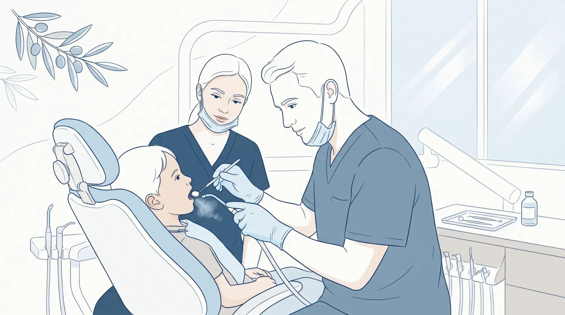 Gloved dental hands work carefully during a child’s check-up in a clinic chair.