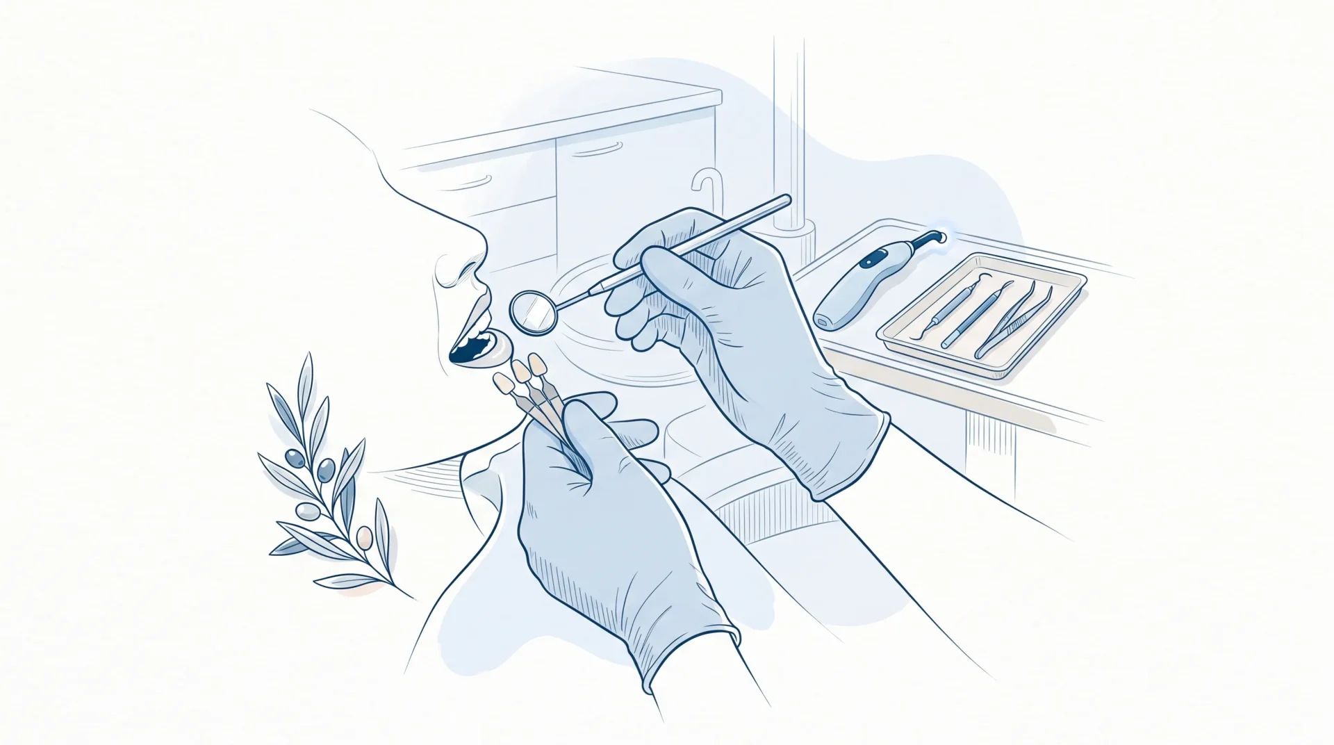 Gloved hands check a tooth with a mirror and shade guide during a dental appointment.