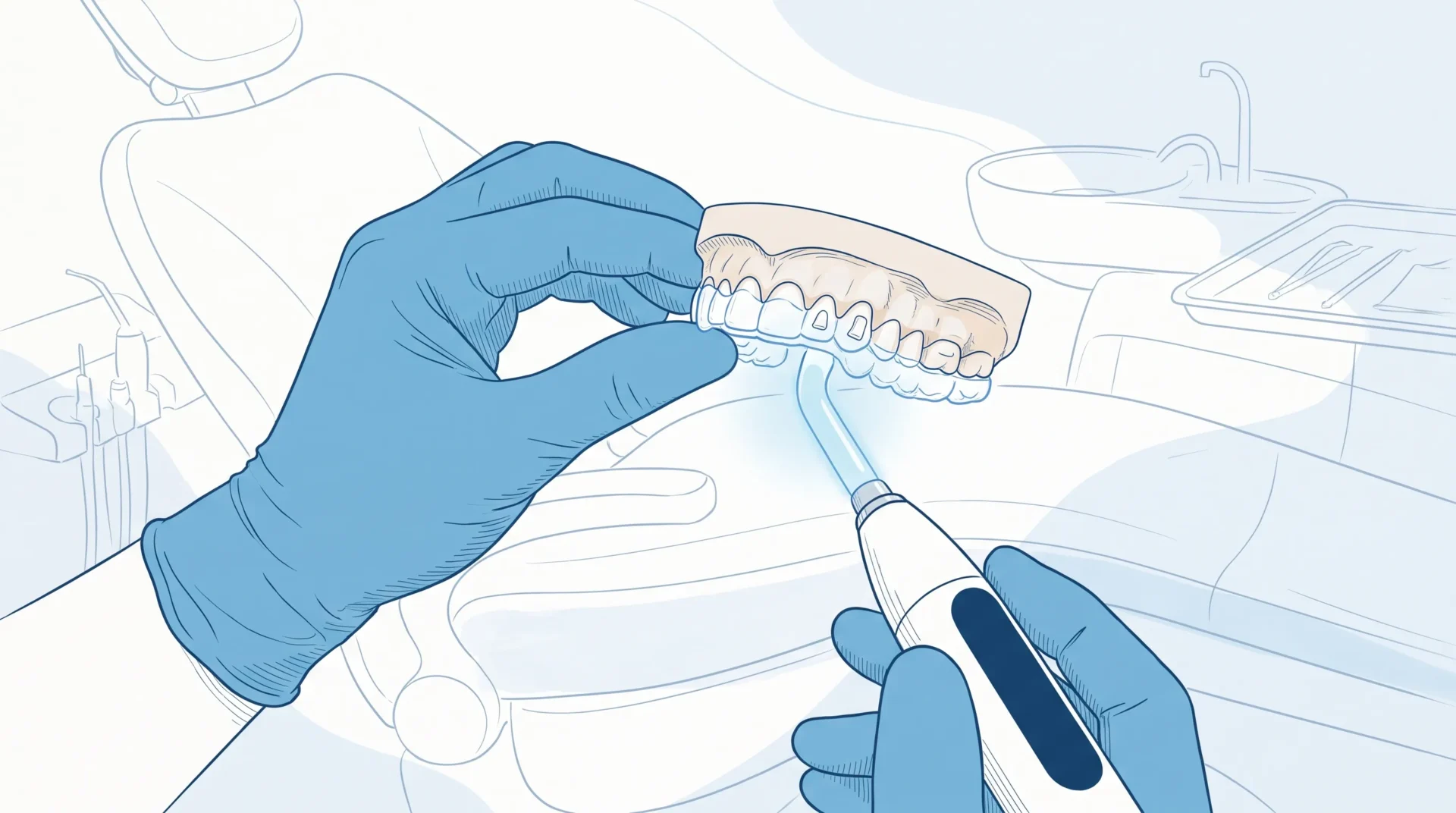 Gloved hands hold a clear aligner template and curing light during Invisalign bonding.
